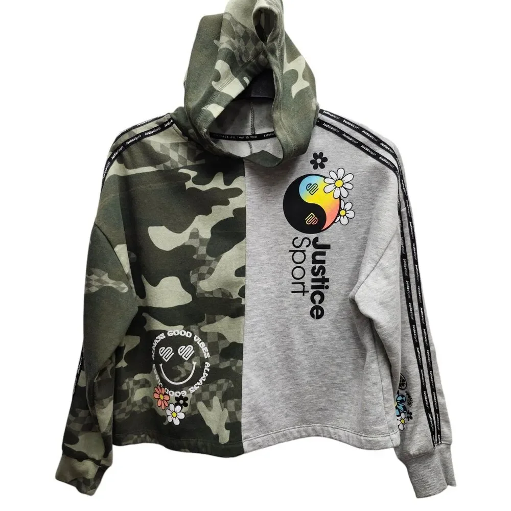 Justice Sport Girls XL Plus 16P-18P Hooded Sweatshirt Camouflage Gray Good Vibes